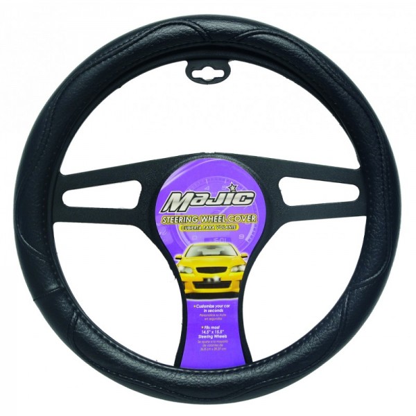 MAJ-300: LEATHERETTE TRIM STEERING WHEEL COVER - BLACK - MEDIUM - MAJIC PRODUCTS INC