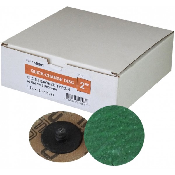 59804: 50 GRIT 2" ROLL-ON GRINDING QUICK CHANGE AZ CLOTH DISCS - TYPE R - GREEN ZIRCONIA - 25/BOX - SUNGOLD ABRASIVES