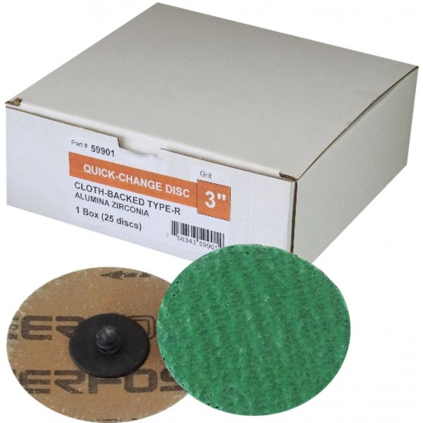 59904: 50 GRIT 3" ROLL-ON GRINDING QUICK CHANGE AZ CLOTH DISCS - TYPE R - GREEN ZIRCONIA - 25/BOX - SUNGOLD ABRASIVES