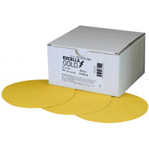 82-605-180: 180 GRIT EXCELLA GOLD 6” HOOK & LOOP ABRASIVES DISCS - 100 PACK - SUNGOLD ABRASIVES